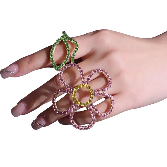 Rhinestone pop posy two finger ring. Pink, green and yellow rhinestones … - Picture 2 of 6